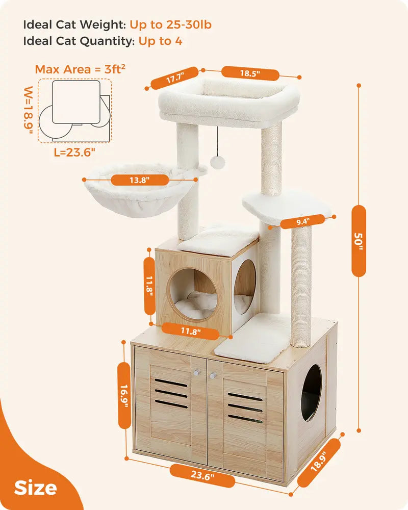 50-Inch Wooden Cat Tree Condo | Large Hammock Top Perch | Suitable for Large Cats