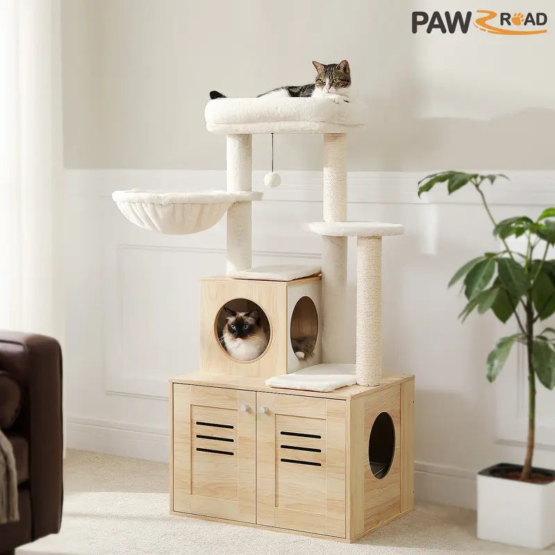 50-Inch Wooden Cat Tree Condo | Large Hammock Top Perch | Suitable for Large Cats