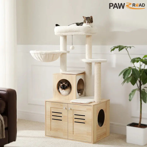 50-Inch Wooden Cat Tree Condo | Large Hammock Top Perch | Suitable for Large Cats