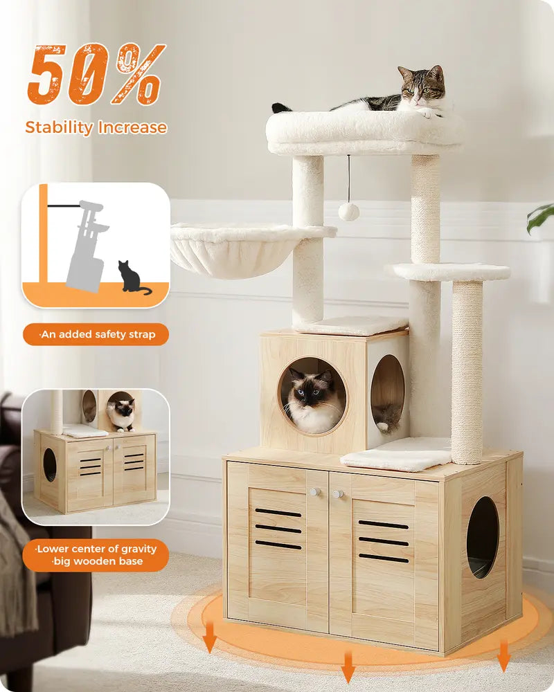 50-Inch Wooden Cat Tree Condo | Large Hammock Top Perch | Suitable for Large Cats