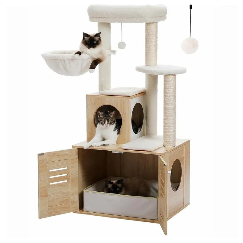 50-Inch Wooden Cat Tree Condo | Large Hammock Top Perch | Suitable for Large Cats