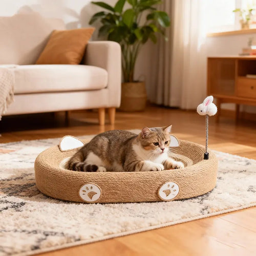 Dual-Purpose Cat Scratcher Bed | Large Sisal Scratching Pad | With Teaser Toy | 24 × 16 Inches
