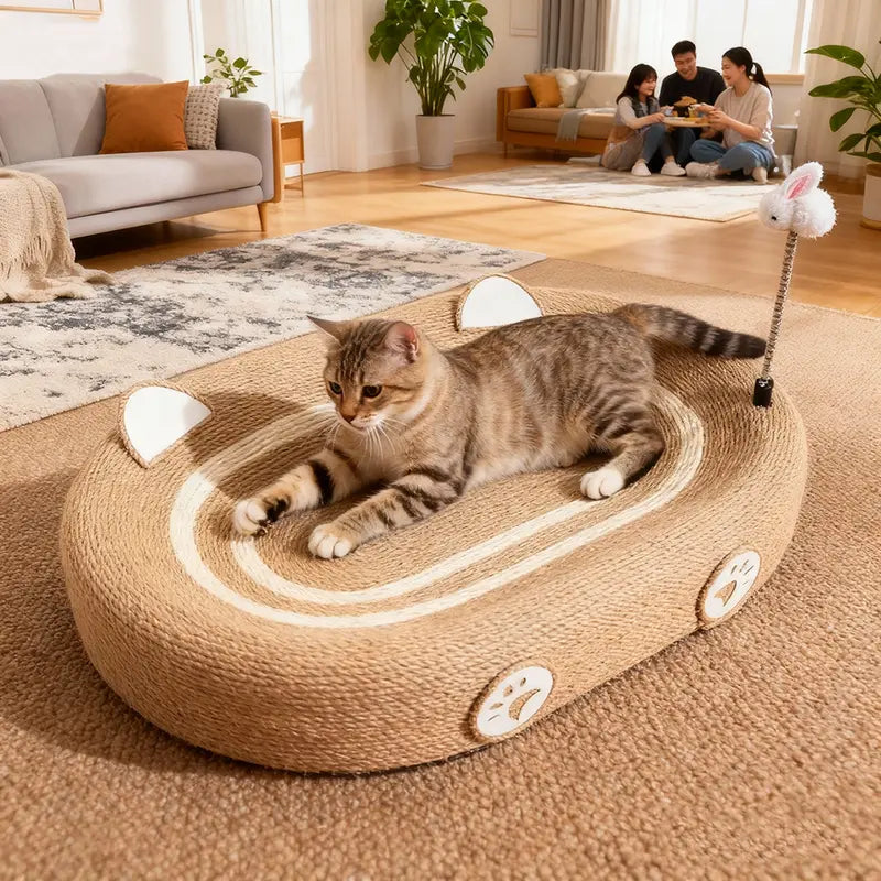 Dual-Purpose Cat Scratcher Bed | Large Sisal Scratching Pad | With Teaser Toy | 24 × 16 Inches